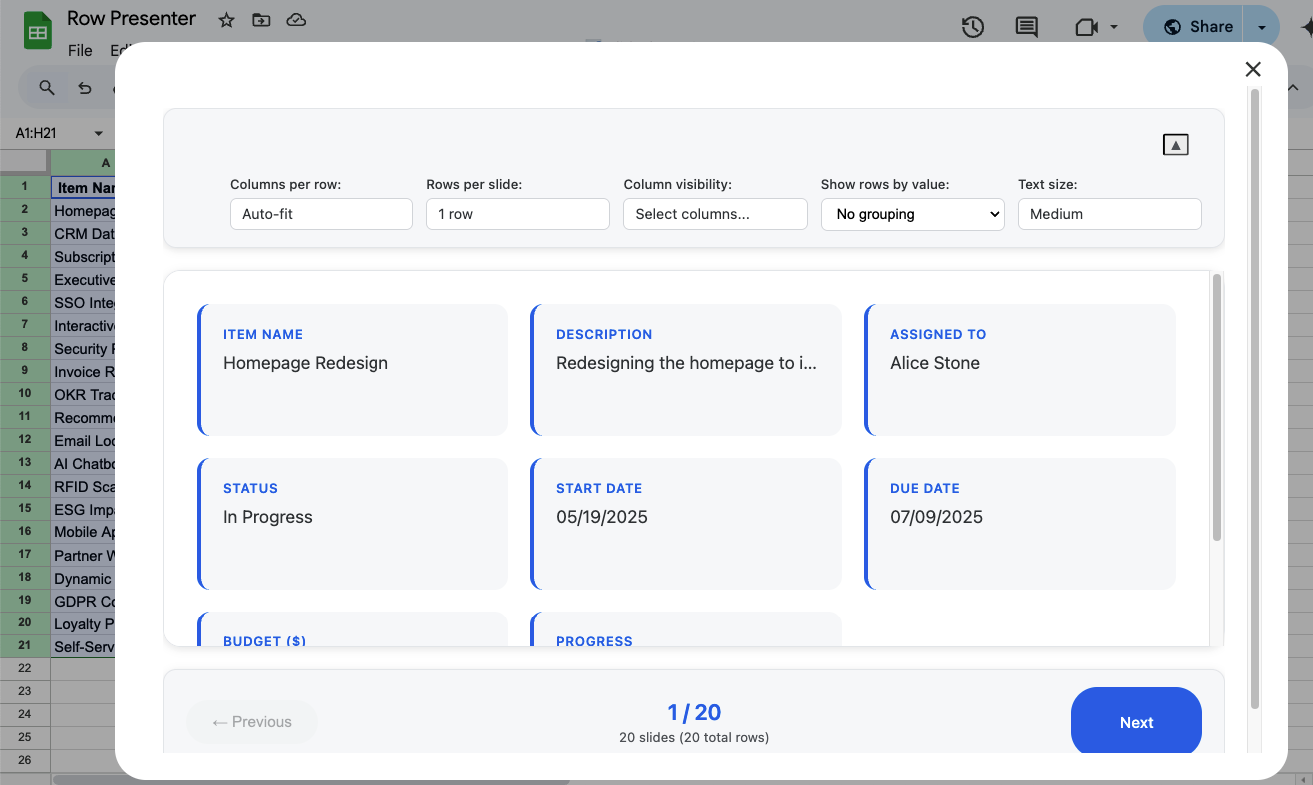 SheetShow integrated within Google Sheets interface